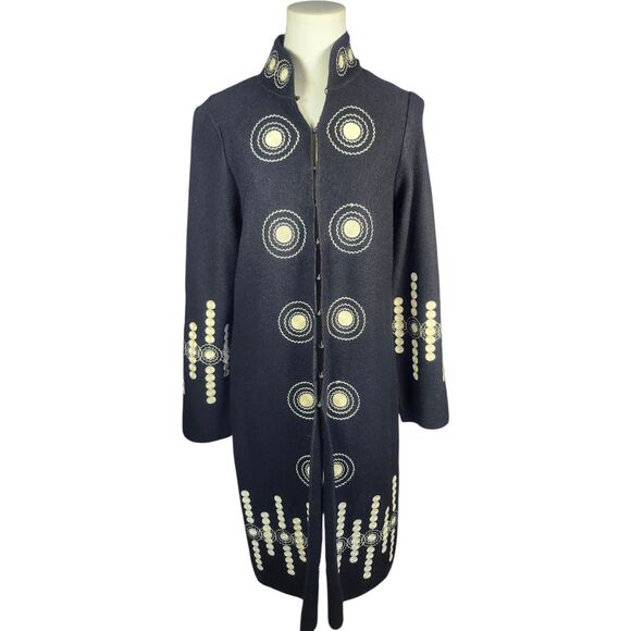VTG VICTOR COSTA Embroidered BLACK/WHITE Wool Coat Sweater Heavy Women’s XS - Picture 1 of 16